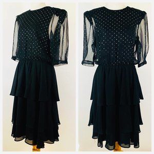 80s Black and Silver Polkadot  Dress Sheer Sleeves